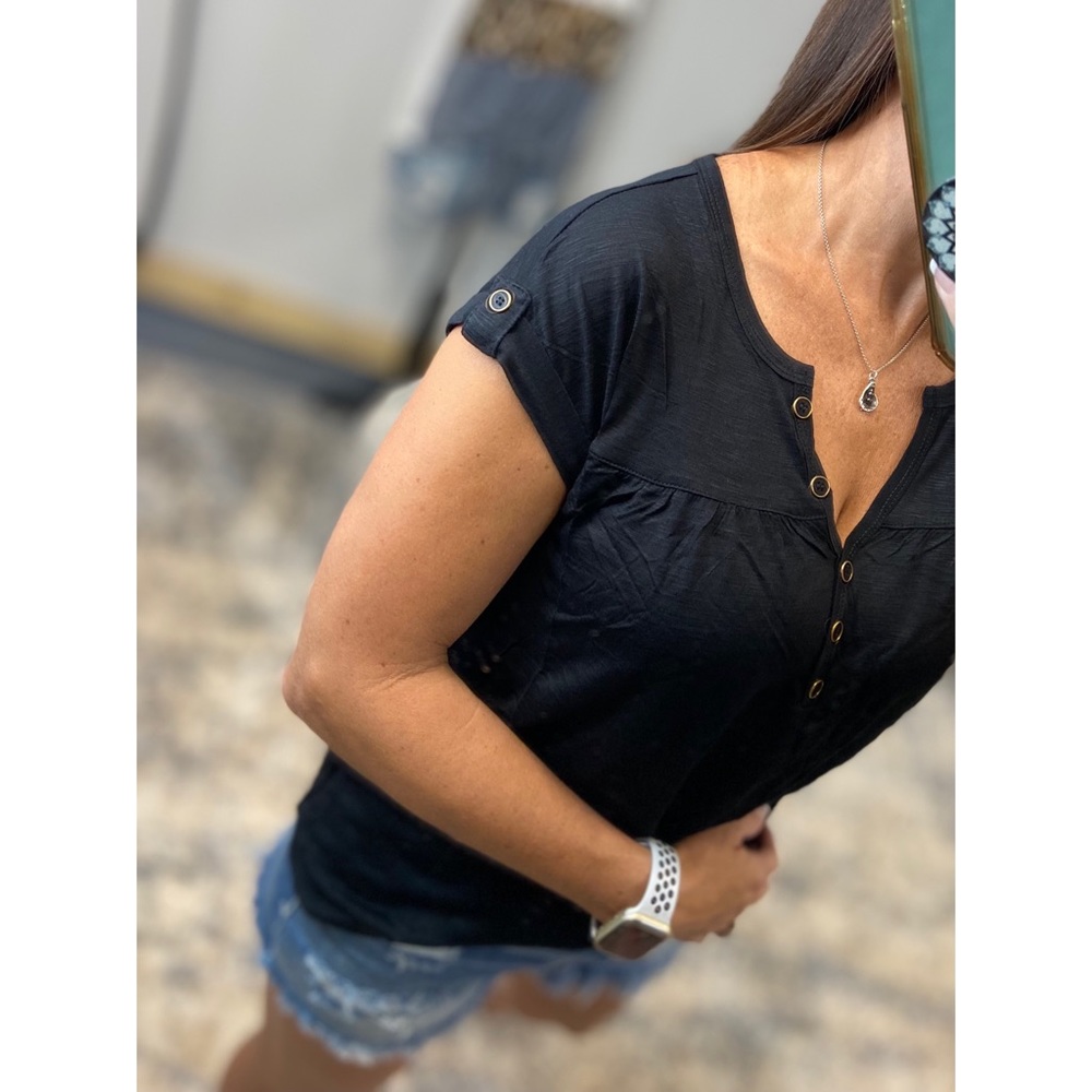 Melange Burnout Henley V-neck Floaty Short Cuffed Tabbed Sleeve Black 3221 - Picture 4 of 13